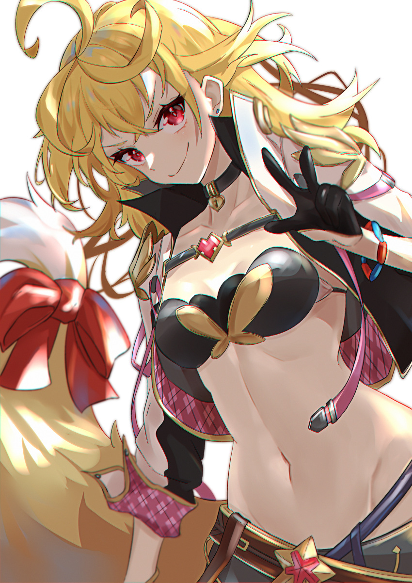 1girl absurdres ahoge bandeau bangs black_choker black_gloves blonde_hair bow breasts chinese_commentary choker commentary_request cropped_jacket earrings gloves groin half_gloves highres huge_filesize jacket jewelry kai-ri-sei_million_arthur long_hair looking_at_viewer medium_breasts midriff million_arthur_(series) navel open_clothes open_jacket red_bow red_eyes ruosin_(heng02201) simple_background smile solo stomach touzoku_arthur upper_body w white_background