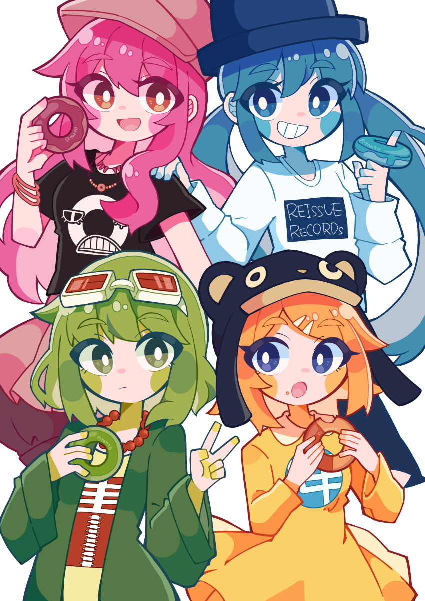 4girls absurdres animal_ears artist_name bangs beanie black_shirt blonde_hair blue_eyes blue_hair blue_headwear blush_stickers bone_print bracelet brown_headwear cabbie_hat circle clenched_teeth closed_mouth collared_dress colorful commentary donut_hole_(vocaloid) doughnut dress expressionless eyebrows_visible_through_hair eyelashes facing_viewer fake_animal_ears flat_chest food food_on_face goggles goggles_on_head green_eyes green_hair green_jacket grin gumi hair_between_eyes hair_ornament hairclip hand_on_another's_shoulder hand_up hands_up happy hat hatsune_miku highres holding holding_food index_finger_raised jacket jewelry kagamine_rin long_hair long_sleeves looking_at_another looking_at_viewer looking_to_the_side megurine_luka multiple_girls necklace open_mouth orange_eyes pink_hair pitanto shiny shiny_hair shirt short_dress short_hair side-by-side simple_background skeleton_print smile teeth thick_eyebrows top_hat twintails upper_body v vocaloid wavy_hair white_background white_dress wide_sleeves yellow_shirt