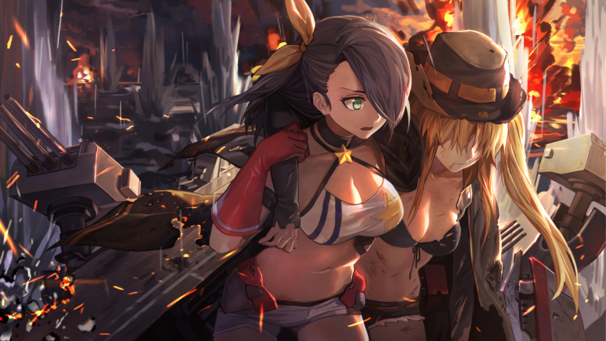 2girls azur_lane bangs bikini bikini_top black_bikini black_cloak black_headwear black_shorts black_sleeves blonde_hair blood blood_from_mouth breasts choker cleavage cloak collarbone commentary_request cowboy_hat cowboy_shot cutoffs dark-skinned_female dark_skin detached_sleeves double_vertical_stripe elbow_gloves explosion faceless faceless_female flight_deck front-tie_bikini front-tie_top gloves green_eyes groin hair_between_eyes hair_over_one_eye hair_ribbon halter_top halterneck hat hornet_(azur_lane) large_breasts long_hair looking_at_another midriff multicolored_hair multiple_girls navel northampton_(azur_lane) ocean official_art open_mouth outdoors parted_lips person_carrying red_footwear red_gloves rff_(3_percent) ribbon rigging short_shorts shorts sidelocks standing star_(symbol) swimsuit torn_bikini torn_cloak torn_clothes torn_hat turret twintails two-tone_hair very_long_hair white_shorts yellow_belt