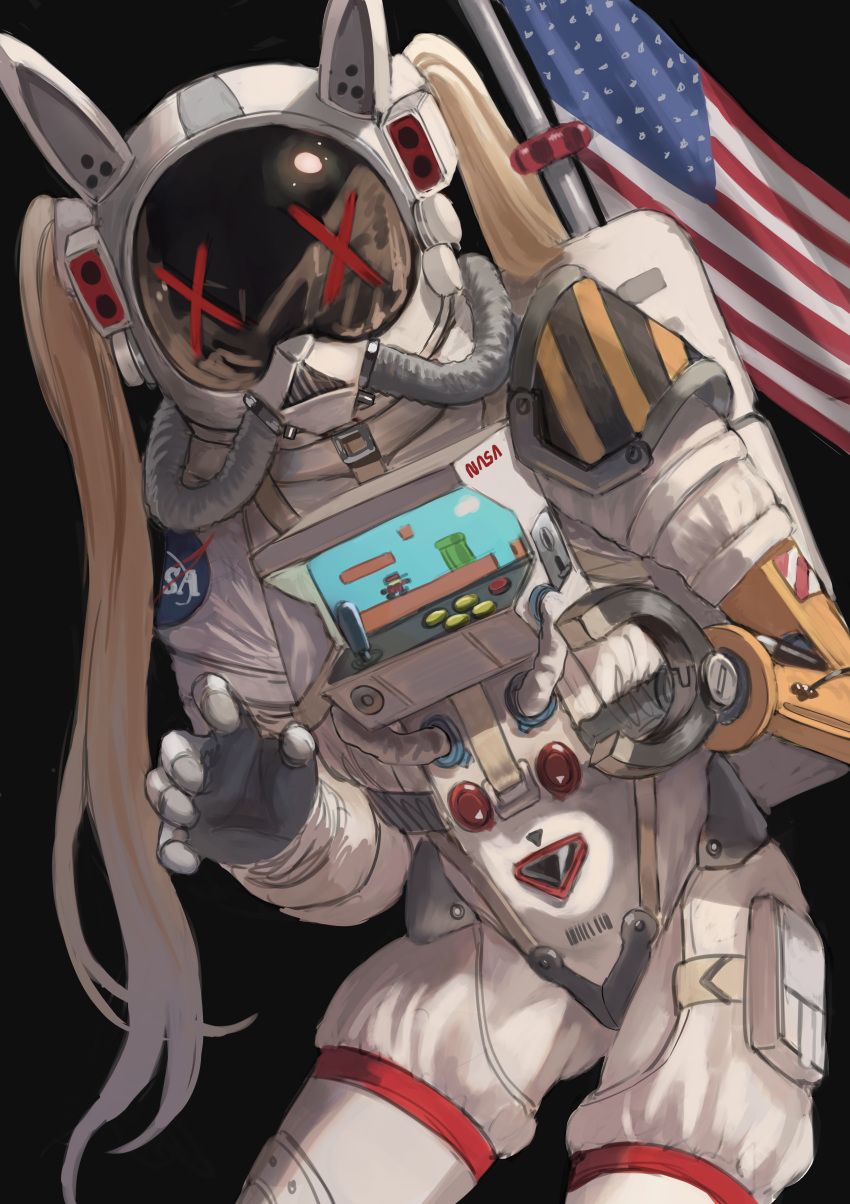 1girl absurdres american_flag animal_ear_headwear animal_ears arcade_cabinet astronaut black_background blonde_hair bunny_ears covered_face cowboy_shot gloves gold_can hair_through_headwear highres long_hair mario_(series) mechanical_arms nasa_logo original prosthesis prosthetic_arm single_mechanical_arm solo space_helmet spacesuit super_mario_bros. twintails warp_pipe