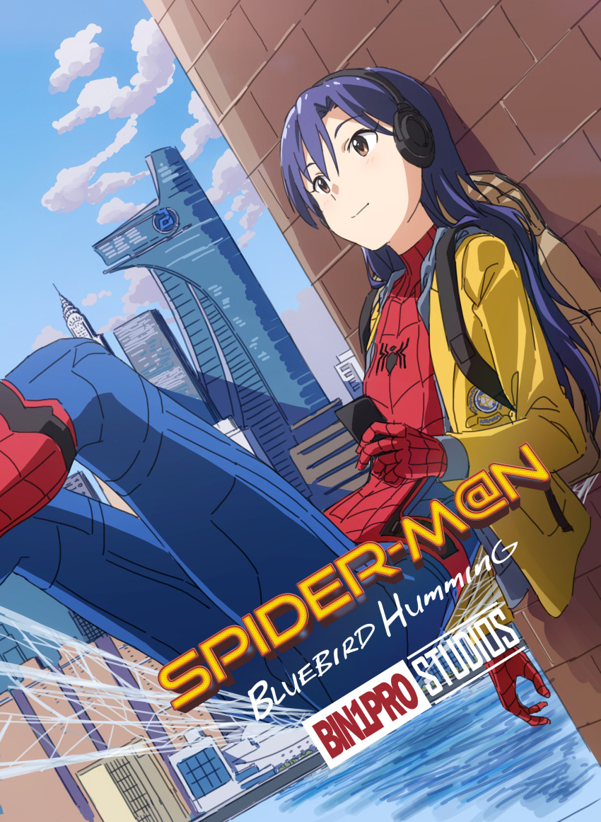 1girl absurdres against_wall avengers_tower backpack bag bangs bin1production blue_hair blue_sky brick_wall brown_eyes building chrysler_building closed_mouth cloud cloudy_sky cosplay costume day dutch_angle headphones highres holding idolmaster idolmaster_(classic) jacket kisaragi_chihaya logo_parody long_hair marvel new_york open_clothes open_jacket outdoors shadow silk sitting sky skyscraper smile solo spider-man spider-man:_homecoming spider-man_(cosplay) spider-man_(series) spider_web taku1122 wall