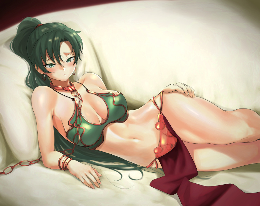 1girl anagumasan armlet armor bangs bikini blush breasts chain cleavage cosplay earrings fire_emblem fire_emblem:_the_blazing_blade green_eyes green_hair high_ponytail highres jewelry large_breasts long_hair looking_at_viewer lyn_(fire_emblem) medium_breasts navel pelvic_curtain ponytail princess_leia_organa_solo princess_leia_organa_solo_(cosplay) simple_background slave smile solo star_wars swimsuit very_long_hair