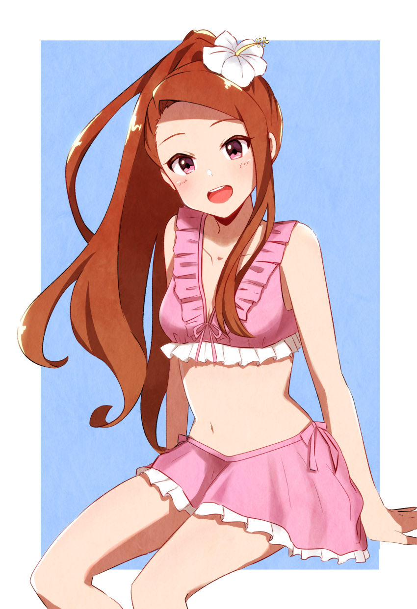 1girl :d bikini bikini_skirt blue_background blush border brown_hair collarbone floating_hair flower hair_flower hair_ornament highres idolmaster idolmaster_(classic) long_hair looking_at_viewer maa_(io_215) midriff minase_iori navel open_mouth pink_bikini pink_ribbon red_eyes ribbon shiny shiny_hair sitting smile solo stomach swimsuit very_long_hair white_border white_flower