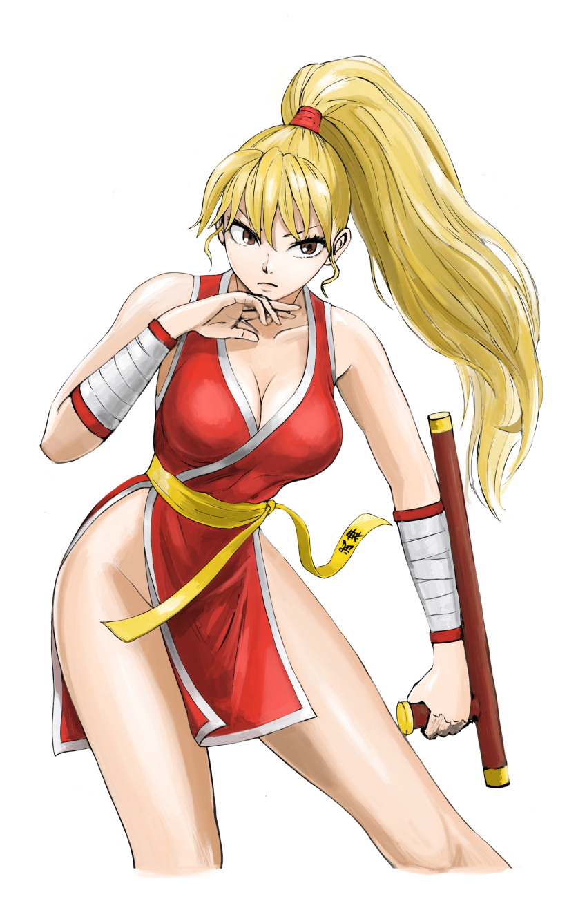 1girl 8686cure absurdres bandages bangs bare_hips bare_shoulders baton blonde_hair breasts brown_eyes cleavage closed_mouth commentary commentary_request cowboy_shot cropped_legs final_fight frown genryuusai_maki groin high_ponytail highres holding holding_weapon long_hair looking_to_the_side ninja pelvic_curtain revealing_clothes sash solo tonfa v-shaped_eyebrows weapon white_background yellow_sash