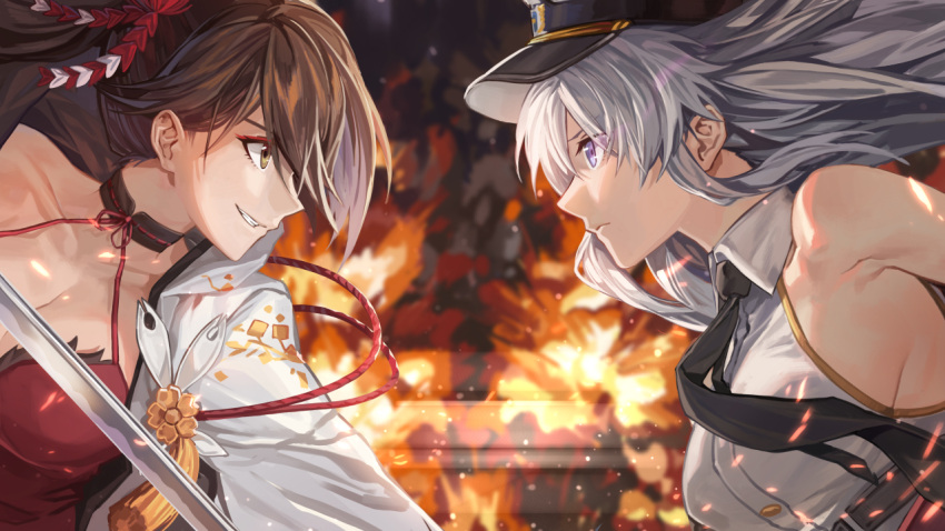 2girls azur_lane bare_shoulders black_neckwear breasts brown_eyes brown_hair cape cleavage collar collarbone collared_shirt dress duel embers enterprise_(azur_lane) explosion eye_contact floating_hair from_side grin hair_ornament halterneck hat holding holding_sword holding_weapon japanese_clothes long_hair looking_at_another medium_breasts military military_hat military_uniform multiple_girls necktie official_art peaked_cap ponytail purple_eyes red_dress rff_(3_percent) serious shirt sideboob sleeveless sleeveless_shirt smile sword uniform weapon white_hair zuikaku_(azur_lane)
