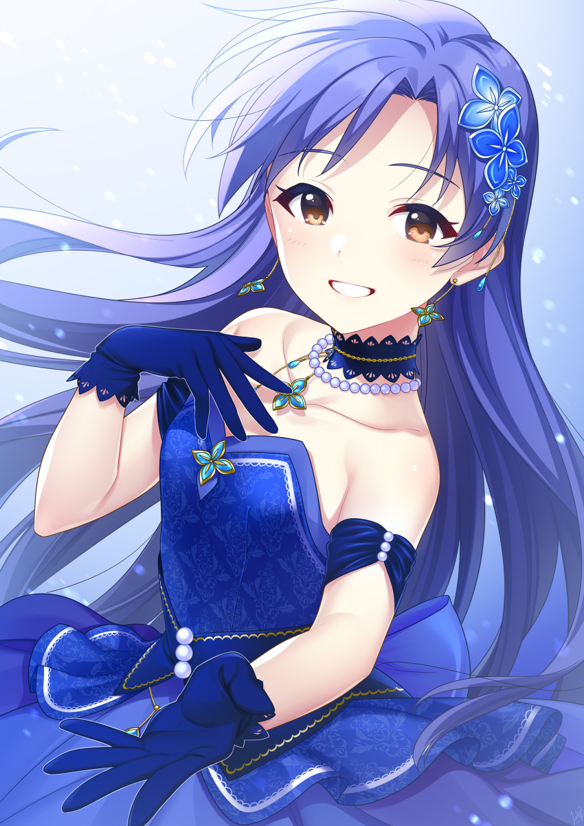 1girl absurdres blue_choker blue_dress blue_gloves blue_hair breasts brown_eyes choker collarbone dress earrings floating_hair gloves grin hair_intakes hair_ornament highres idolmaster idolmaster_(classic) idolmaster_million_live! idolmaster_million_live!_theater_days jewelry kisaragi_chihaya long_hair looking_at_viewer mikapoe sleeveless sleeveless_dress small_breasts smile solo standing strapless strapless_dress very_long_hair