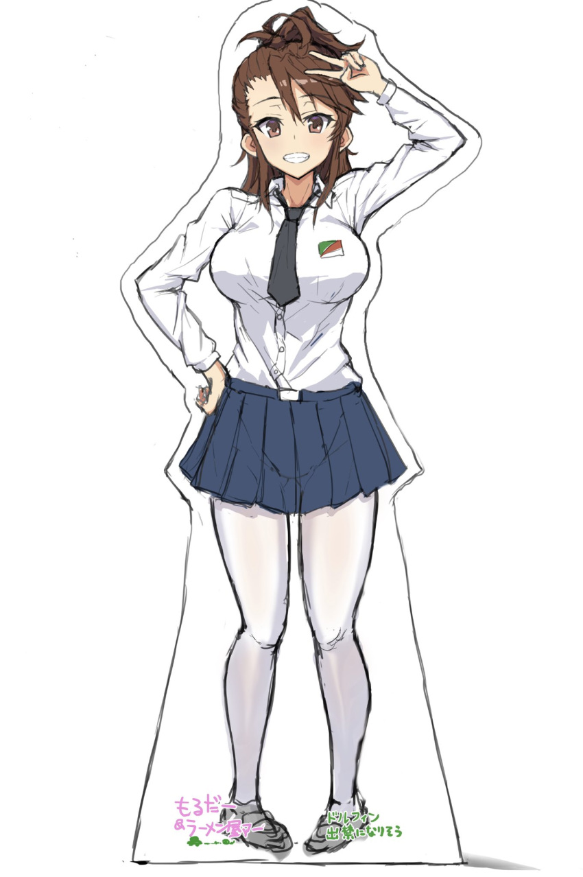 1girl amaretto_(girls_und_panzer) anzio_school_uniform arm_up asymmetrical_bangs bangs belt black_belt black_neckwear black_skirt brown_eyes brown_hair cardboard_cutout commentary dress_shirt emblem eyes_visible_through_hair full_body girls_und_panzer grin half_updo hand_on_hip highres long_hair long_sleeves looking_at_viewer miniskirt mordeth necktie pantyhose parody pleated_skirt school_uniform shirt shoes simple_background sketch skirt smile solo translation_request v white_background white_legwear white_shirt wing_collar