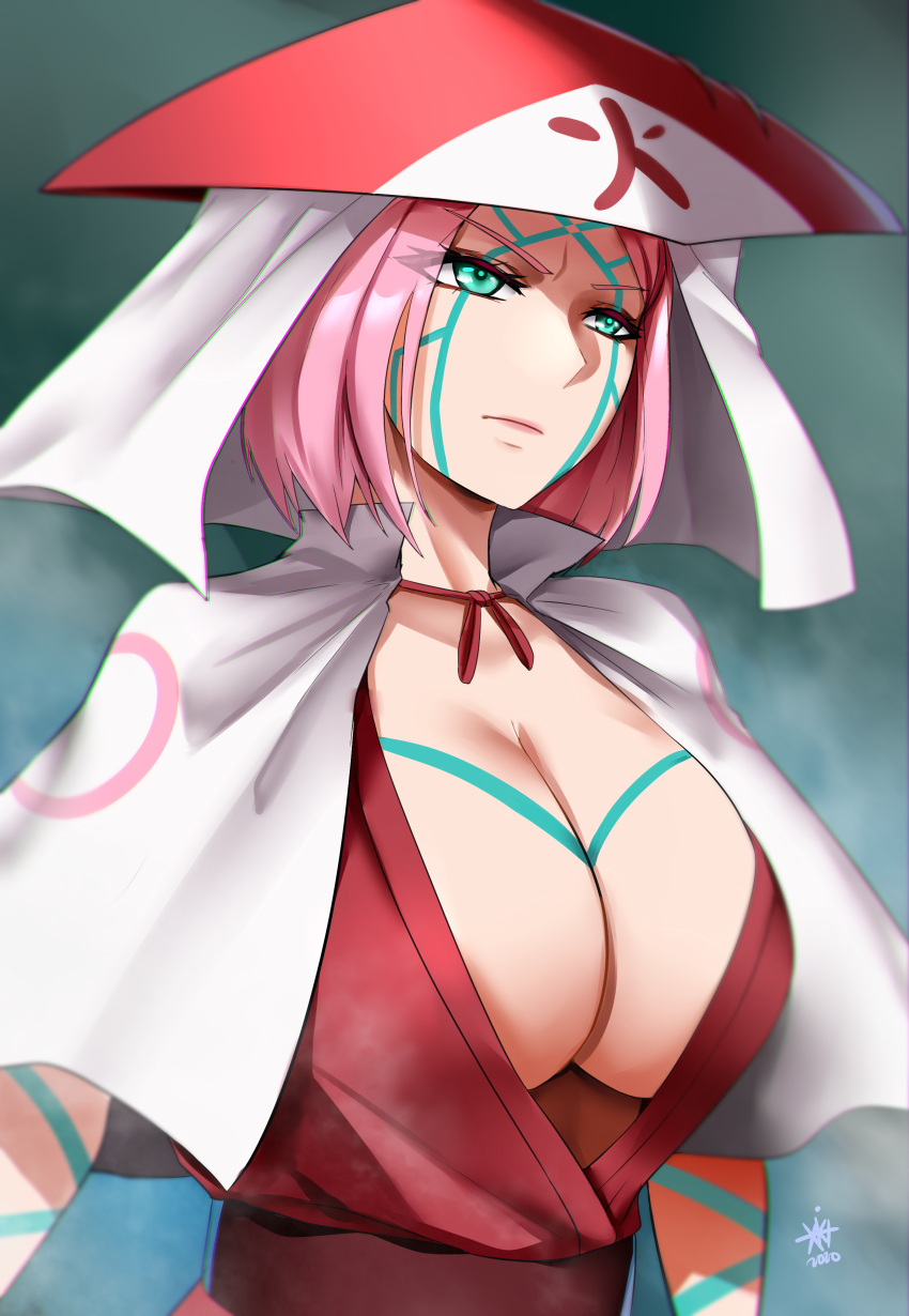 1girl 2020 absurdres bodypaint boruto:_naruto_next_generations breasts capelet center_opening eyes_visible_through_hair facepaint green_eyes haruno_sakura hat highres hokage huge_breasts japanese_clothes kimono naruto_(series) no_bra obi older pink_hair pink_kimono sash short_hair smoke solo veil white_capelet xkit