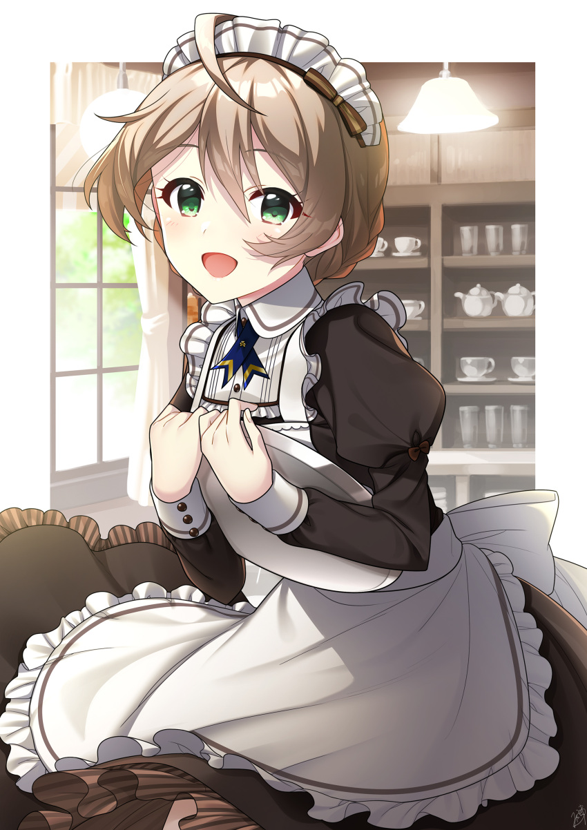 1girl :d absurdres ahoge apron back_bow bangs black_shirt black_skirt blue_ribbon bow brown_hair eyebrows_visible_through_hair frilled_apron frills green_eyes hair_between_eyes highres holding holding_plate idolmaster idolmaster_million_live! idolmaster_million_live!_theater_days long_skirt long_sleeves maid maid_headdress mikapoe neck_ribbon open_mouth plate ribbon sakuramori_kaori shiny shiny_hair shirt short_hair skirt smile solo standing waist_apron white_apron white_bow wing_collar