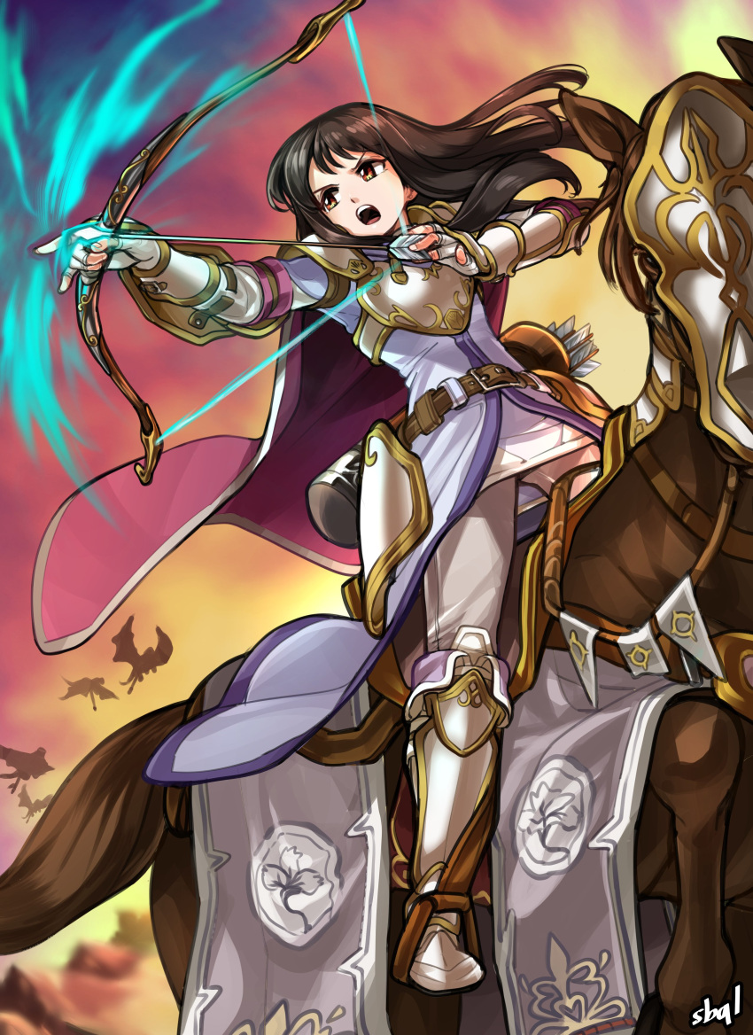 1girl absurdres animal armor armored_boots arrow_(projectile) astrid_(fire_emblem) black_hair boots bow_(weapon) fire_emblem fire_emblem:_radiant_dawn highres holding holding_bow_(weapon) holding_weapon horse horseback_archery horseback_riding long_hair open_mouth quiver riding sbql_(niaunclefan) shoulder_armor sunset weapon