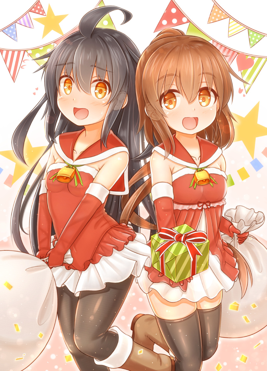 2girls ahoge alternate_costume black_hair black_legwear brown_eyes christmas cowboy_shot dress elbow_gloves frilled_dress frills fumizuki_(kancolle) fur-trimmed_gloves fur_trim gift gloves highres kantai_collection long_hair looking_at_viewer mikazuki_(kancolle) multiple_girls pantyhose red_dress red_gloves red_sailor_collar sack sailor_collar skirt string_of_flags suzushiro_(gripen39) thighhighs white_skirt