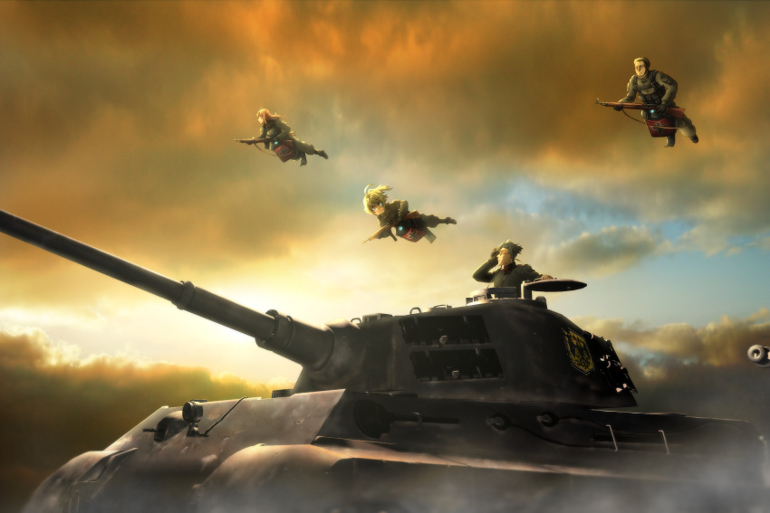 2boys 2girls backlighting blonde_hair blue_eyes brown_hair cloud erich_von_rerugen flying genya_(genya67) glasses ground_vehicle gun highres military military_uniform military_vehicle motor_vehicle multiple_boys multiple_girls rifle sky soldier tank tanya_degurechaff tiger_ii uniform viktoriya_ivanovna_serebryakov weapon youjo_senki