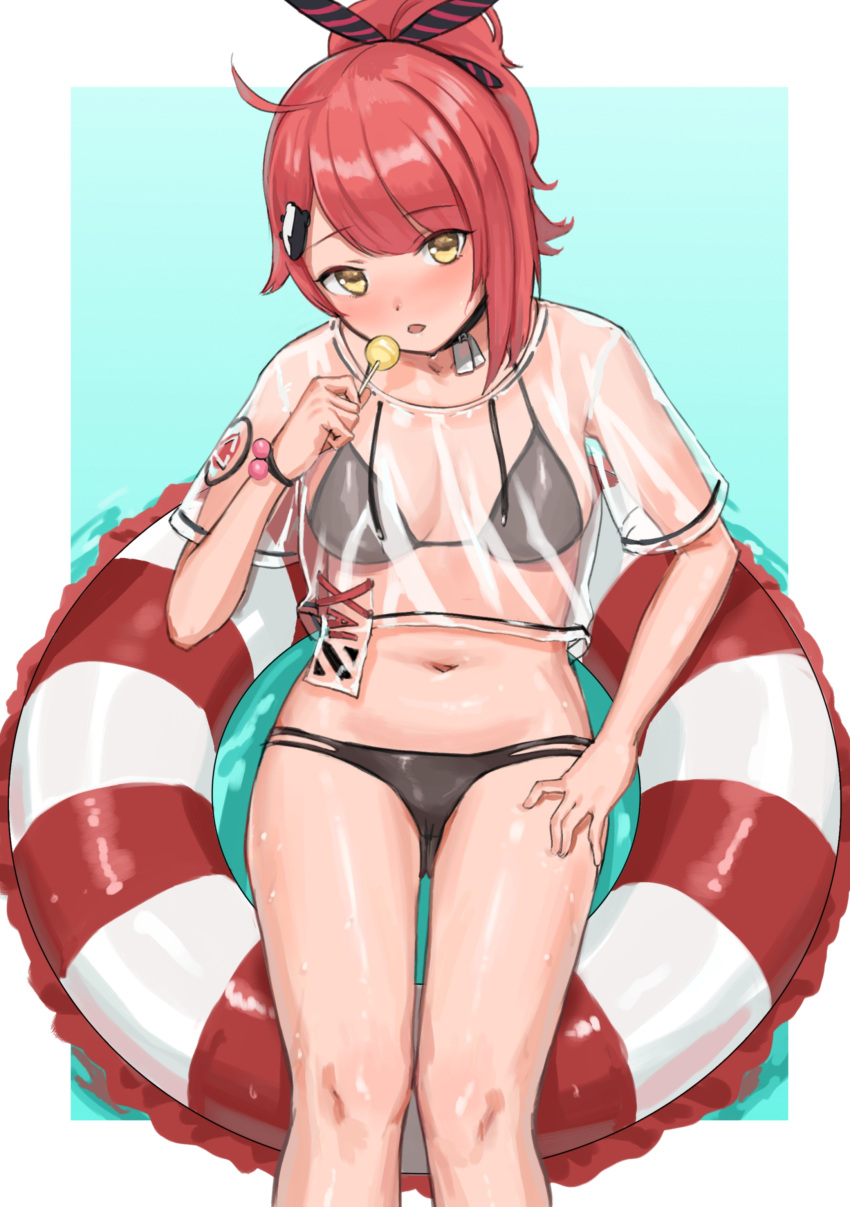 1girl absurdres bikini breasts candy choker commission floating food girls'_frontline gun h&amp;k_mp7 highres kuro_(zhurunbo1997) lifebuoy lollipop medium_breasts medium_hair mp7_(girls'_frontline) navel official_alternate_costume red_hair see-through skeb_commission solo submachine_gun swimsuit water weapon yellow_eyes