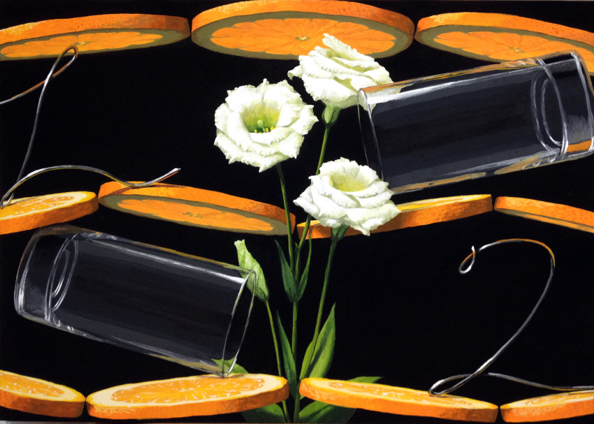 acrylic_paint_(medium) black_background cup drinking_glass eustoma floating floating_object flower food fruit highres leaf metal_wire no_humans noske orange_(food) orange_slice original simple_background still_life traditional_media white_flower wire