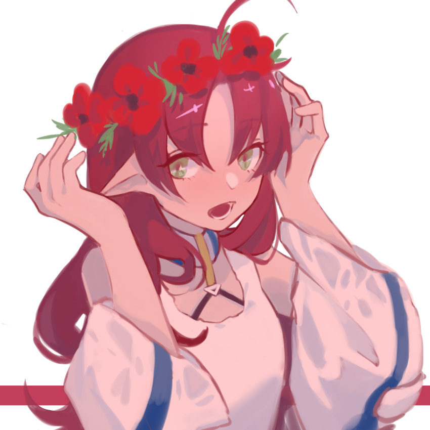 1girl ahoge arknights bangs bare_shoulders chinese_commentary commentary_request eyebrows_visible_through_hair flower green_eyes head_wreath highres long_hair long_sleeves myrtle_(arknights) off_shoulder pointy_ears red_flower red_hair simple_background solo tank_top towne upper_body white_background white_tank_top