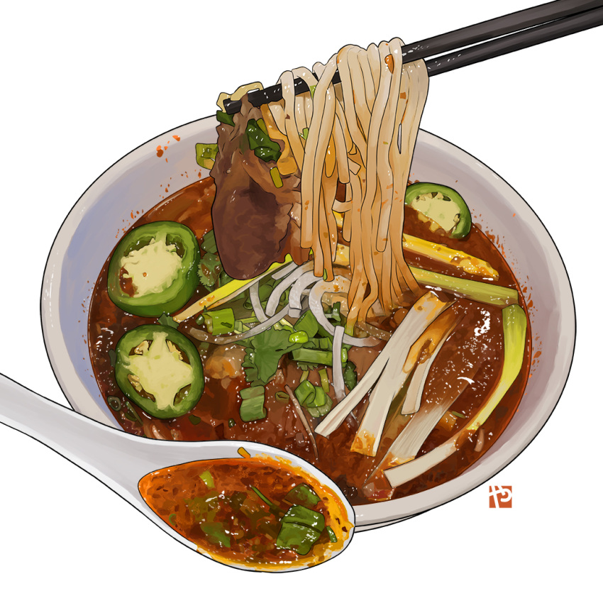 bowl chili chopsticks english_commentary food food_focus no_humans noodles original realistic simple_background soup spoon spring_onion still_life studiolg symbol_commentary vegetable white_background