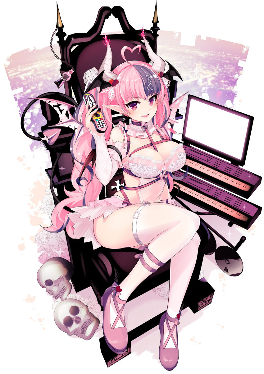 1girl absurdres aho bra demon_girl demon_horns demon_tail demon_wings hair_ornament heart heart_hair_ornament highres holding holding_phone horns instrument ironmouse keyboard_(instrument) long_hair multicolored_hair official_alternate_costume open_mouth phone pink_bra pink_hair pointy_ears purple_footwear purple_hair sitting skull smile solo streaked_hair tail thighhighs twintails underwear v-shaped_eyebrows vshojo wings