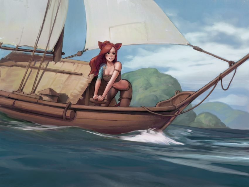 1girl absurdres animal_ears bangs blue_eyes boat borrowed_character breasts cat_ears cleavage commission facial_mark final_fantasy final_fantasy_xiv grin highres huge_filesize i0525 leaning_forward medium_breasts midriff miqo'te ocean one_side_up pants parted_bangs red_hair sailing smile solo tattoo watercraft whisker_markings