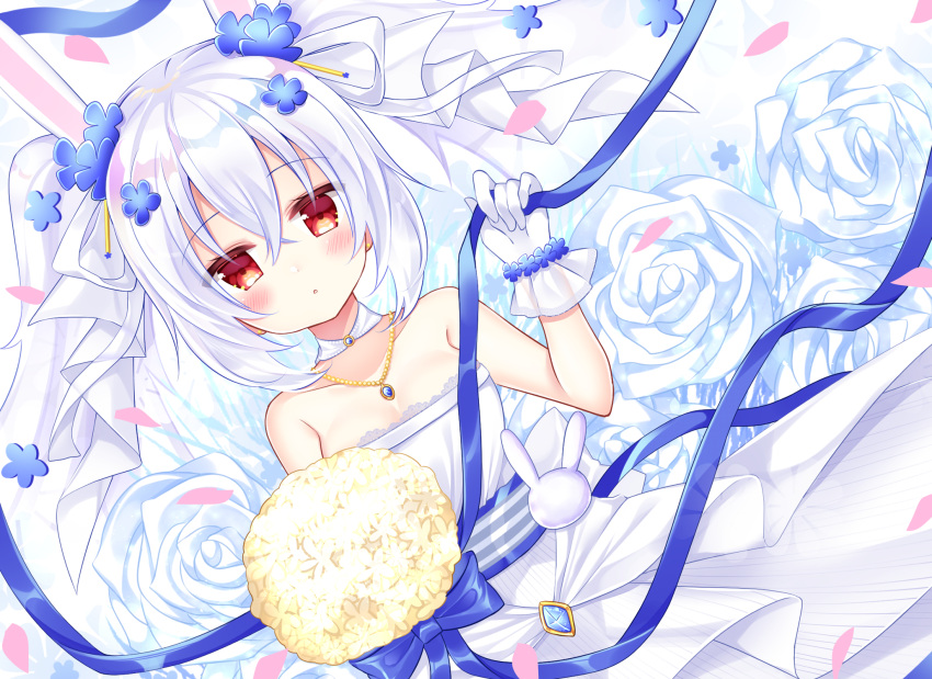 1girl :o animal_ears azur_lane bangs bare_shoulders blue_flower bouquet breasts bride bunny_ears collarbone commentary dress eyebrows_visible_through_hair flower gloves hair_between_eyes hair_flower hair_ornament hair_ribbon hand_up highres jewelry laffey_(azur_lane) laffey_(white_rabbit's_oath)_(azur_lane) long_hair looking_at_viewer official_alternate_costume parted_lips pendant red_eyes ribbon rose shikito small_breasts solo strapless strapless_dress twintails very_long_hair wedding_dress white_dress white_flower white_gloves white_hair white_ribbon white_rose yellow_flower