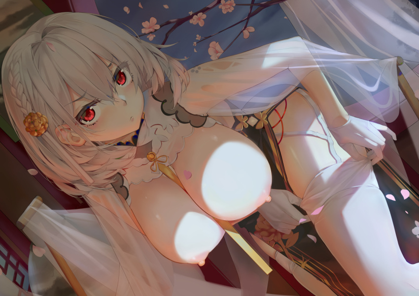 1girl :&lt; adjusting_clothes adjusting_legwear aoi_(buzhuen444) azur_lane bangs bent_over between_breasts blush braid breasts cherry_blossoms china_dress chinese_clothes cleavage collar commentary_request detached_collar dress eyebrows_visible_through_hair frown garter_straps gloves hair_between_eyes hair_ornament hanging_breasts huge_breasts indoors leaning_forward looking_at_viewer nipples no_bra official_alternate_costume red_eyes see-through see-through_shawl shawl short_hair side_braid sirius_(azur_lane) sirius_(azure_horizons)_(azur_lane) skindentation solo thighhighs thighs white_gloves white_hair white_legwear