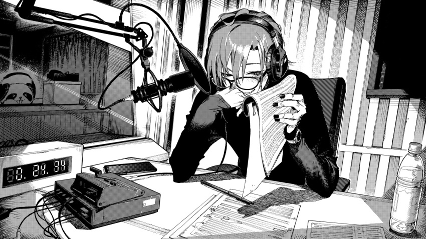&gt;_&lt; 1other animal bangs bespectacled chair elbow_rest fang glasses greyscale hair_between_eyes headphones highres holding holding_paper long_sleeves microphone monochrome nail_polish nijisanji open_mouth panda paper pen pop_filter recording_studio ryuushen sitting skin_fang studio_microphone virtual_youtuber watch wristwatch yuioni
