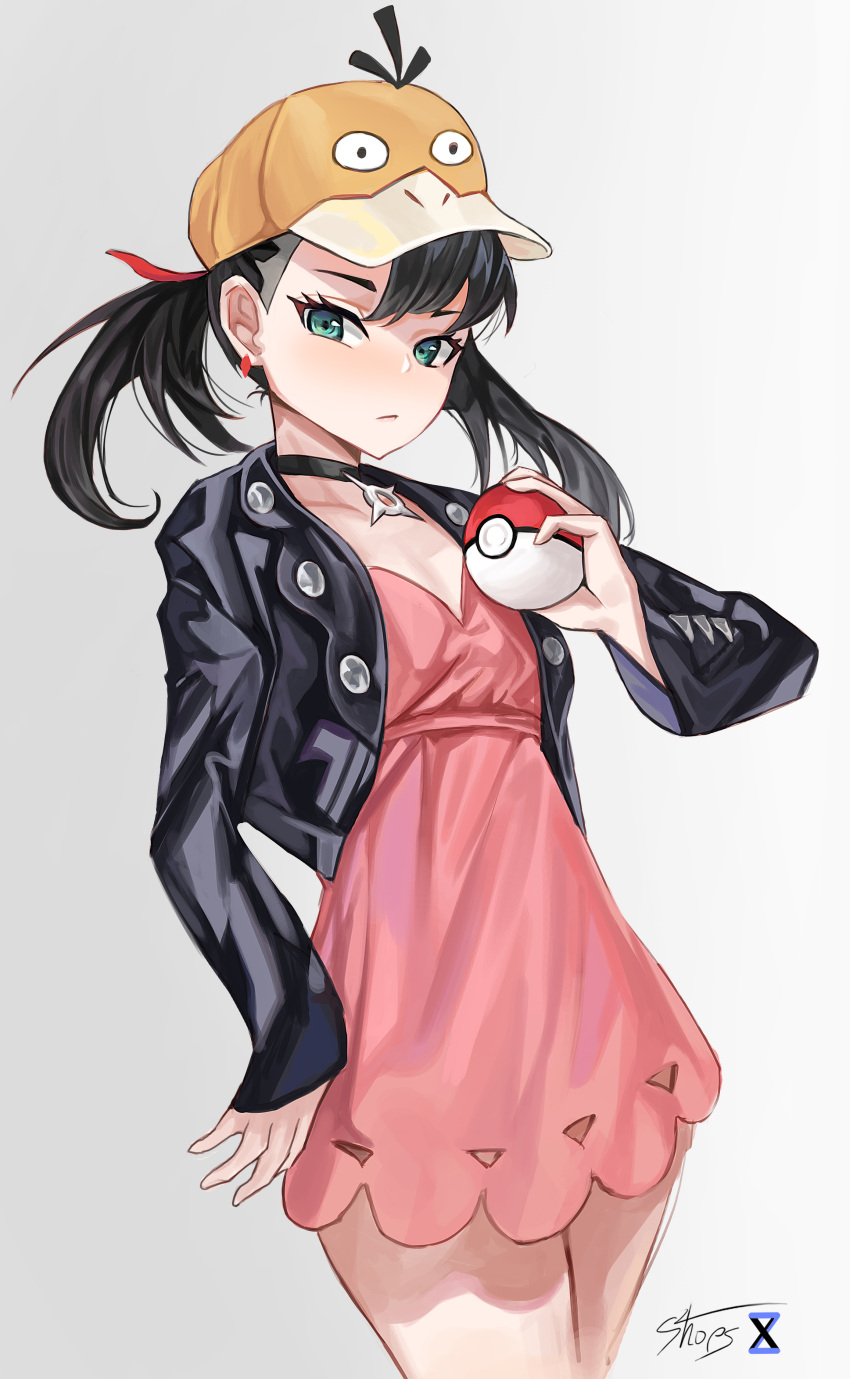 1girl absurdres black_choker black_jacket blush brown_headwear choker closed_mouth collarbone dress earrings gen_1_pokemon gradient gradient_background green_eyes hat highres holding holding_poke_ball jacket jewelry lan_xiezi long_hair marnie_(pokemon) pink_dress poke_ball poke_ball_(basic) pokemon pokemon_(game) pokemon_swsh psyduck signature single_earring sleeves_past_wrists solo twintails twintails_day