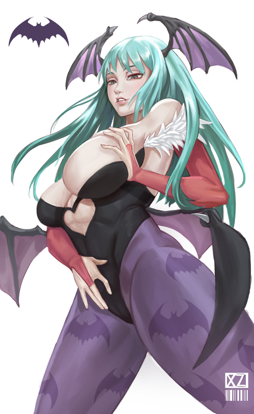 1girl absurdres animal animal_print aqua_hair barcode bare_shoulders bat bat_print bat_wings black_leotard bridal_gauntlets clothing_cutout deep_skin demon_girl demon_wings fur_trim green_eyes head_wings heart heart_cutout highres lan_xiezi leotard long_hair low_wings mini_wings morrigan_aensland pantyhose parted_lips pink_lips purple_legwear signature silhouette simple_background smile solo vampire_(game) white_background wings