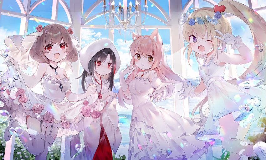 aliasing amafuyu animal_ears black_hair blonde_hair blush brown_hair bubbles clouds elbow_gloves garter_belt gloves hoodie japanese_clothes kimono long_hair original ponytail purple_eyes red_eyes sky stockings water wedding_attire wink zettai_ryouiki