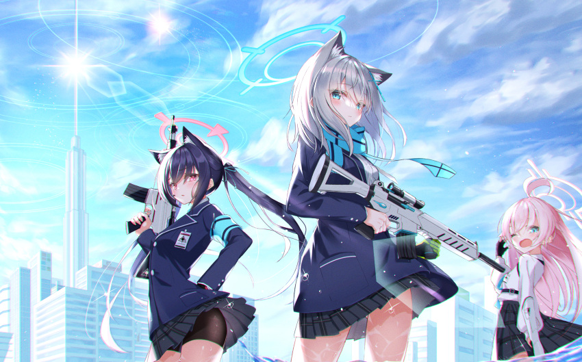 animal_ears blue_archive building city gun tagme_(artist) tagme_(character) weapon