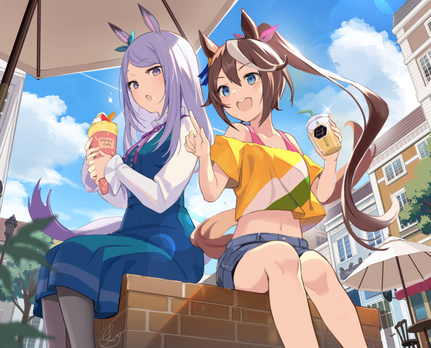 2girls animal_ears anthropomorphism blue_eyes blush bow brown_hair building city clouds dress drink food ikomochi long_hair mejiro_mcqueen navel pantyhose ponytail purple_eyes purple_hair ribbons shirt shorts signed sky tokai_teio uma_musume:_pretty_derby umbrella