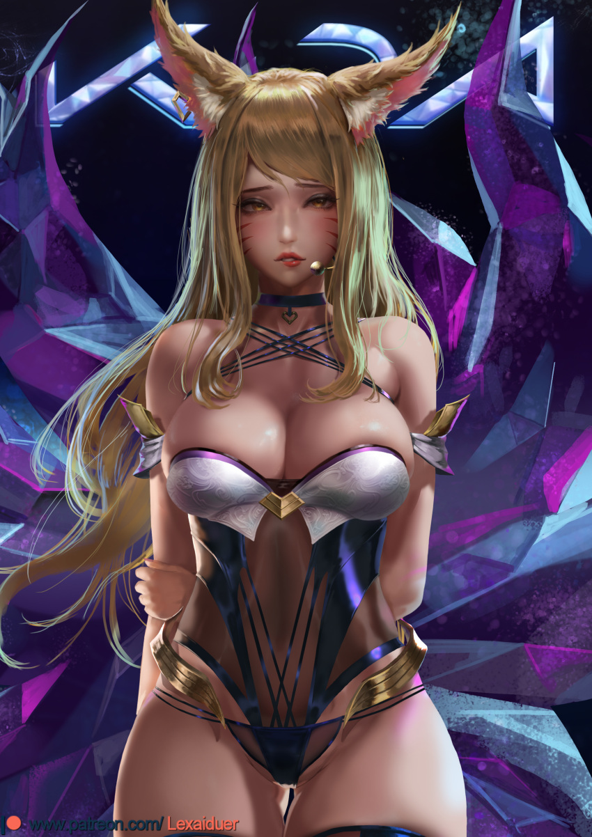 ahri animal_ears kitsune league_of_legends leotard lexaiduer no_bra pantsu tail thighhighs