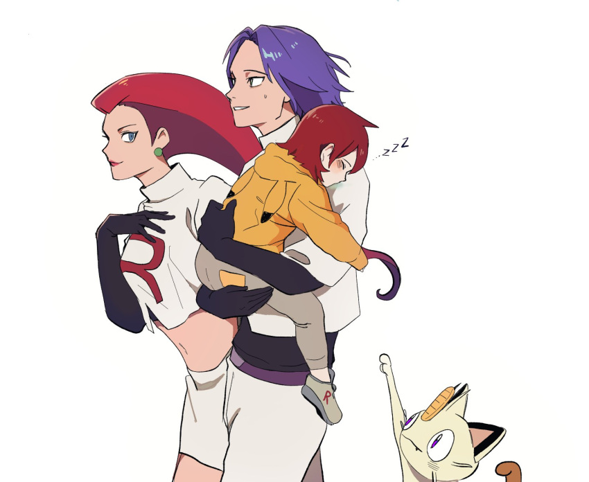 1girl 2boys ahoge blue_eyes blue_hair child crop_top earrings gen_1_pokemon hand_on_own_chest highres james_(pokemon) jessie_(pokemon) jewelry long_hair meowth multiple_boys navel pants pokemon pokemon_(anime) pokemon_(game) pokemon_hgss red_hair short_hair silber_1224 silver_(pokemon) simple_background skirt sleeping smile sweatdrop white_background zzz