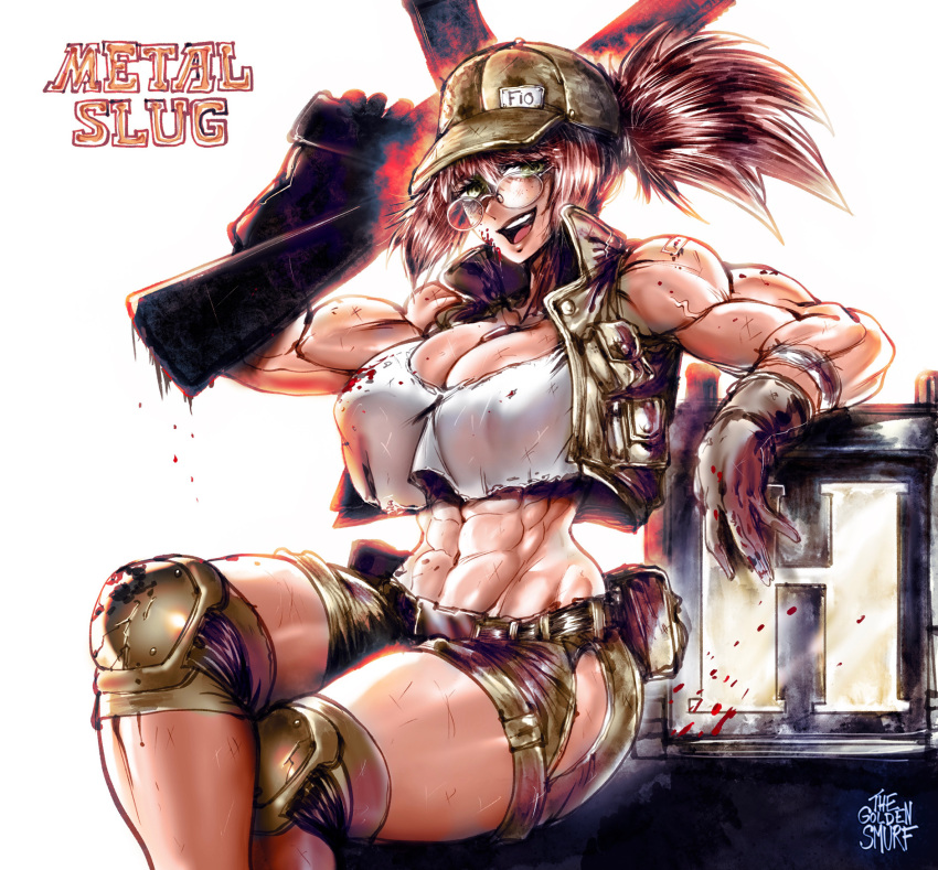 1girl abs ammunition_box assault_rifle backlighting baseball_cap biceps black_gloves blood blood_on_face breasts brown_hair cleavage covered_nipples crop_top crop_top_overhang crossed_legs fio_germi freckles glasses gloves green_eyes green_shorts grey-framed_eyewear gun hat highres hip_vent holding holding_gun holding_weapon knee_pads large_breasts looking_at_viewer medium_hair metal_slug midriff muscular muscular_female navel open_clothes open_vest rifle shorts solo the_golden_smurf thick_thighs thighs veins vest weapon