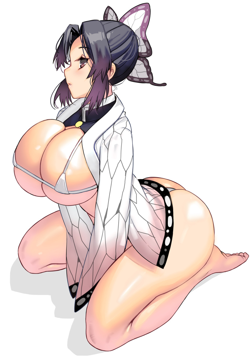 1girl absurdres adapted_costume alternate_breast_size animal_print ass barefoot bikini black_hair breasts butterfly_hair_ornament butterfly_print cleavage curvy hair_ornament hair_pulled_back haori highres huge_breasts japanese_clothes kimetsu_no_yaiba kneeling kochou_shinobu legs masao micro_bikini short_hair soles solo swimsuit thong_bikini toes underboob v_arms white_bikini