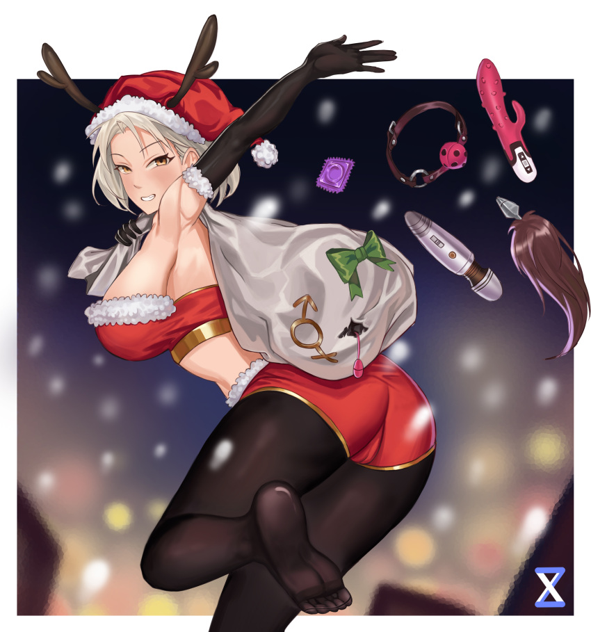 1girl absurdres anal_tail antlers antlers_through_headwear arm_up armpits ball_gag bare_shoulders blonde_hair blurry blurry_background border bow cameltoe christmas condom condom_wrapper dildo fake_tail fur-trimmed_gloves fur-trimmed_headwear fur_trim gag gloves green_bow hat highres hitachi_magic_wand holding holding_sack lan_xiezi legs no_shoes orange_eyes original outdoors over_shoulder pantyhose parted_lips platinum_blonde_hair red_headwear sack santa_costume santa_hat sex_toy signature smile snow snowing solo tail torn torn_sack vibrator white_border