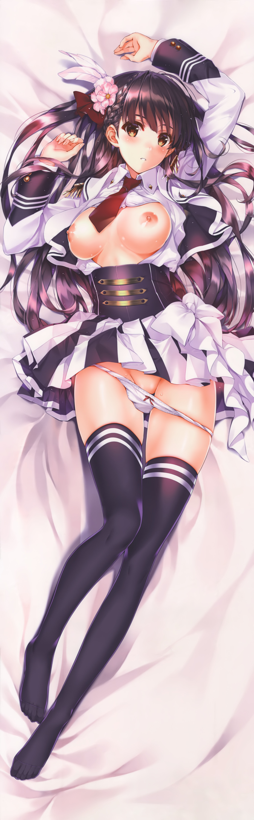 breasts dakimakura eufonie misaki_kurehito nipples no_bra open_shirt pantsu panty_pull skirt_lift thighhighs uniform