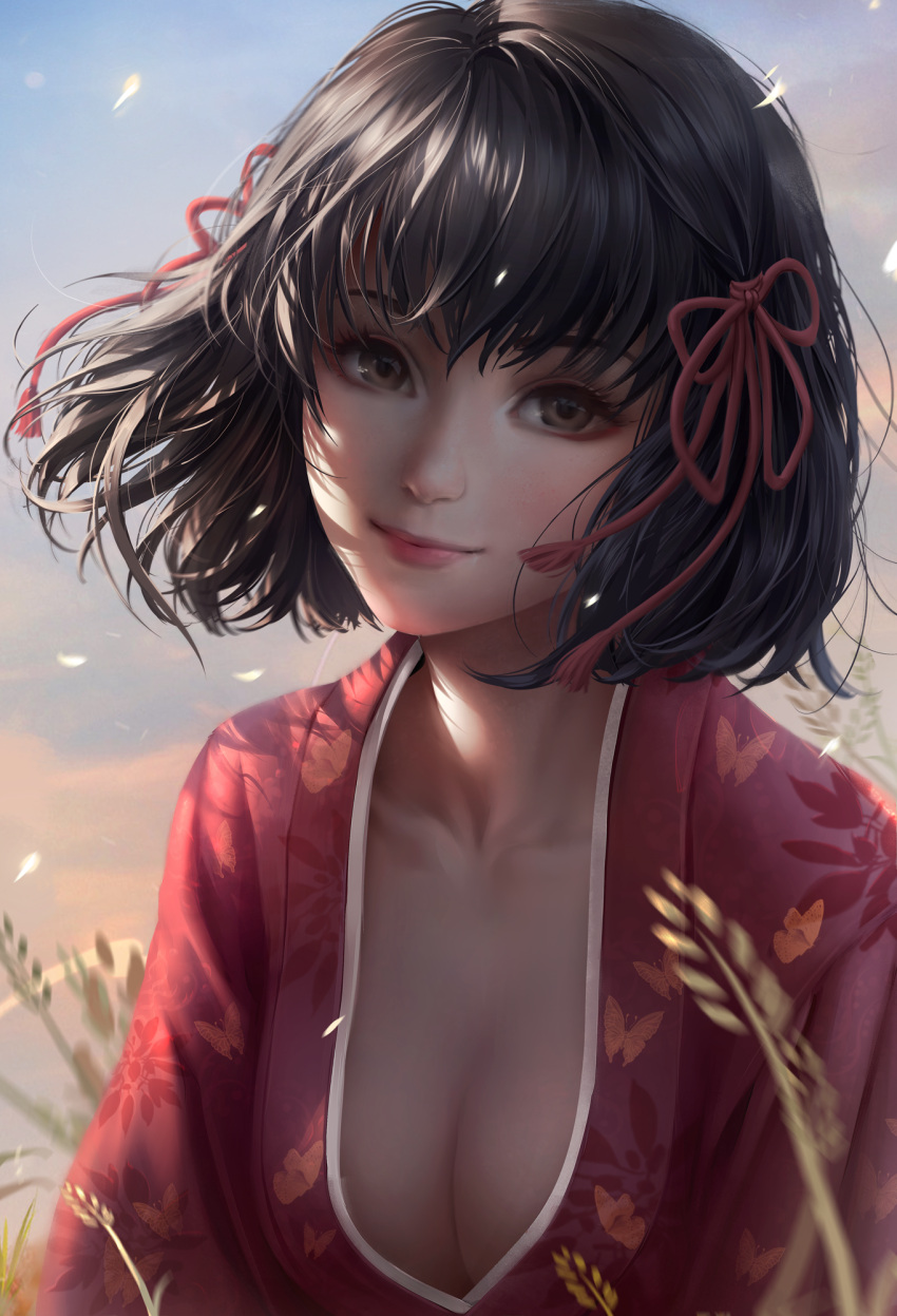 1girl animal_print artist_name bangs blush breasts brown_hair butterfly_print chuby_mi closed_mouth commentary commission hair_ribbon highres japanese_clothes kimono long_hair medium_breasts nose_blush realistic red_kimono red_ribbon ribbon rpg_wanted:_heroes_and_adventurers short_hair signature smile upper_body yukata yukino_(rpg_wanted)