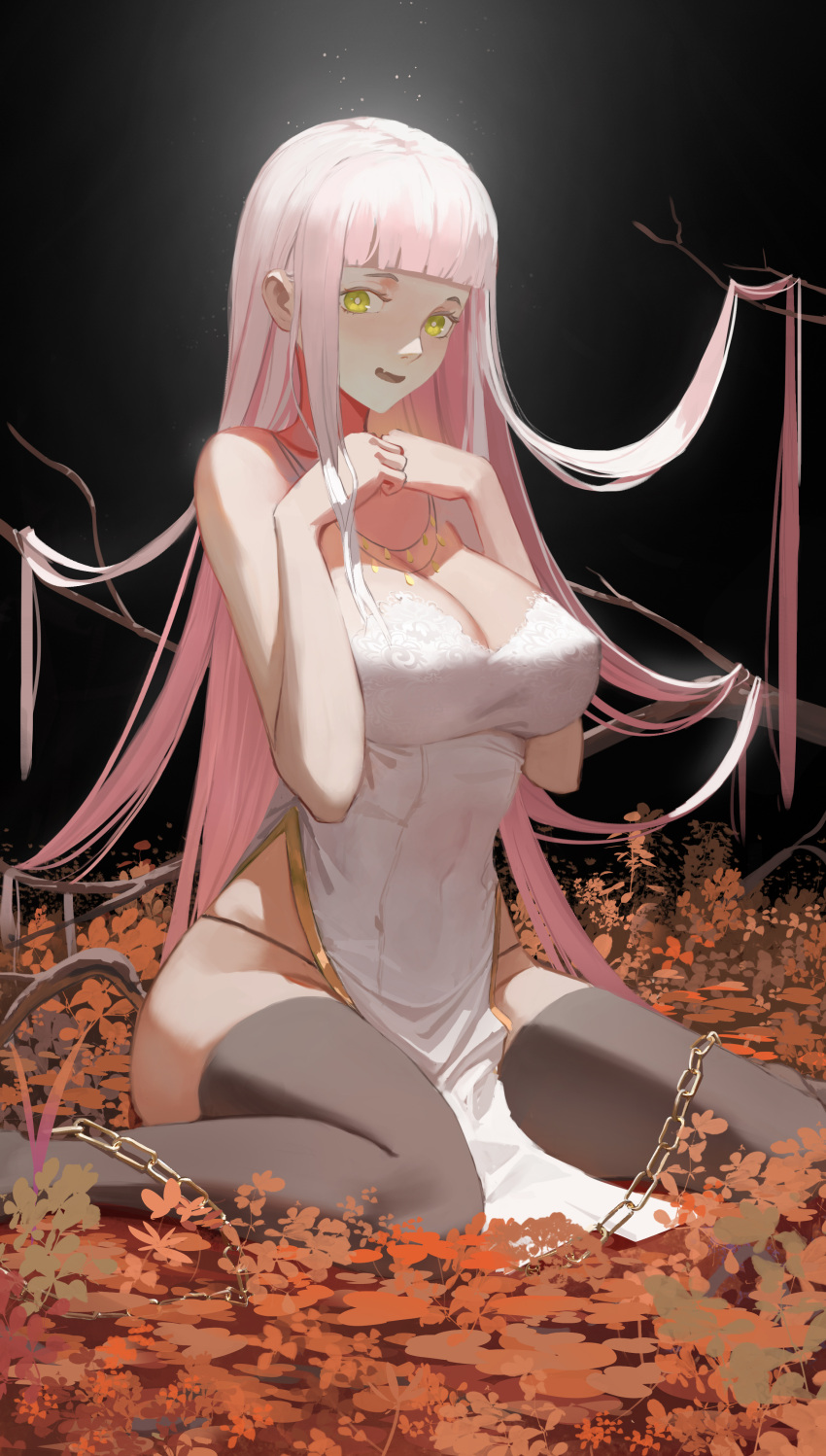 1girl absurdres bare_arms bare_shoulders black_legwear breasts bright_pupils chain cleavage darr1o dress english_commentary fang highres jewelry large_breasts necklace open_mouth original panty_straps pink_hair sitting skin_fang smile solo strapless strapless_dress thighhighs wariza white_dress white_pupils yellow_eyes