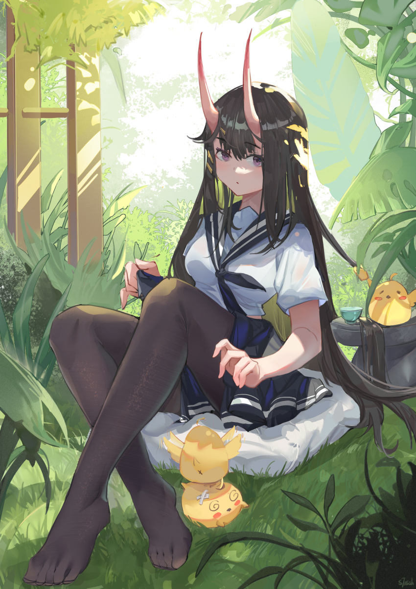 1girl absurdres azur_lane bangs black_hair black_legwear black_neckwear black_skirt cup cushion eyebrows_visible_through_hair highres horns long_hair looking_at_viewer manjuu_(azur_lane) neckerchief noshiro_(azur_lane) oni oni_horns outdoors pleated_skirt purple_eyes sailor_collar school_uniform serafuku shirt short_sleeves sidelocks skin-covered_horns skirt small_garbage solo teacup toes very_long_hair white_shirt