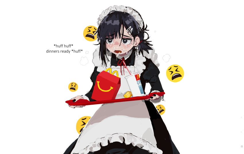 1girl alternate_costume apron black_hair black_nails blush chainsaw_man cigarette commentary crying crying_with_eyes_open cup drinking_straw english_commentary english_text enmaided eyebrows_visible_through_hair fast_food hair_ornament hairclip happy_meal heavy_breathing higashiyama_kobeni highres holding holding_tray maid maid_apron maid_headdress mcdonald's messy_hair milllka_100 nail_polish nervous open_mouth simple_background smoking solo sweat sweating_profusely tears tray white_background