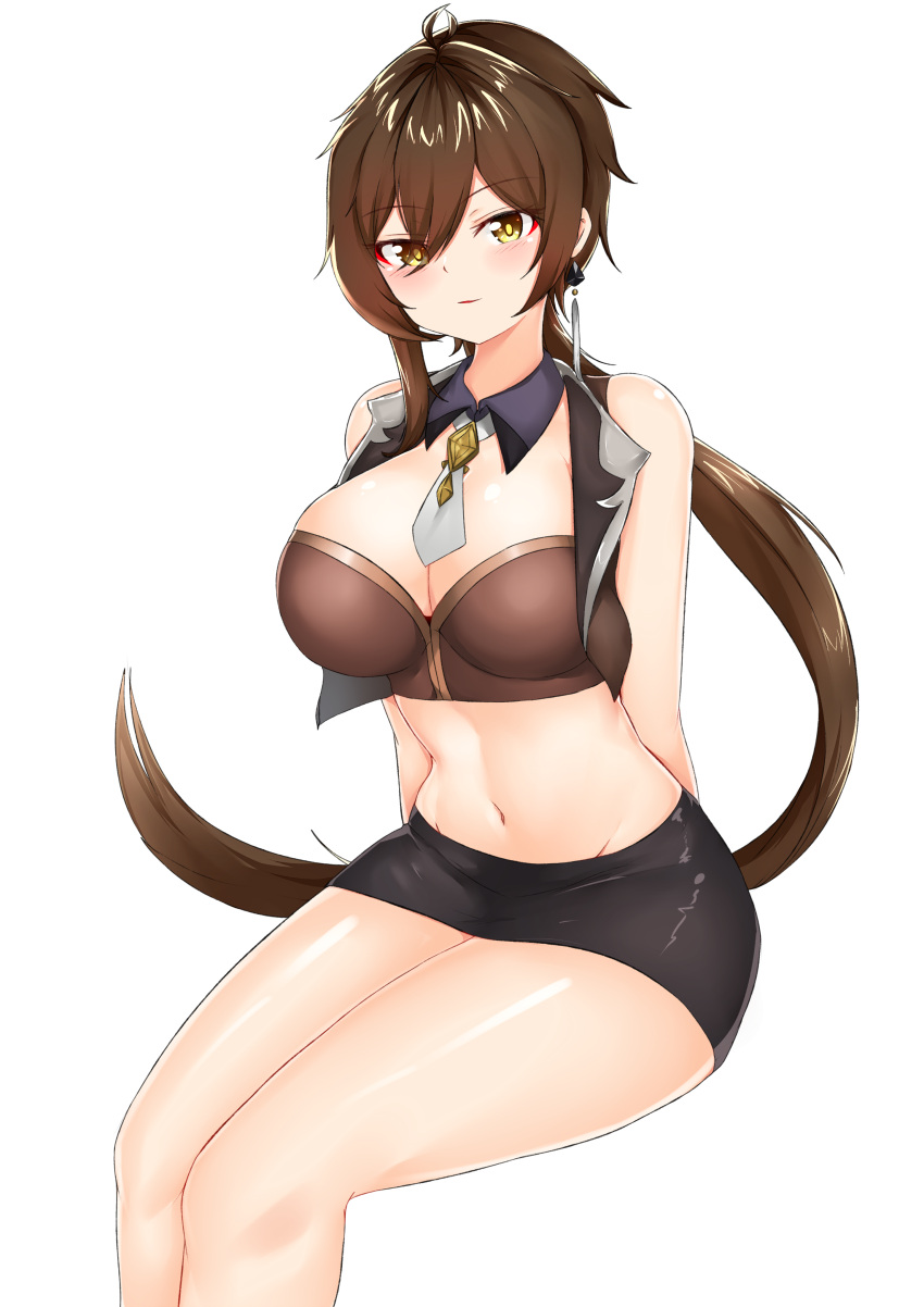 1girl absurdres antenna_hair arms_behind_back bare_arms bare_shoulders black_skirt breasts brown_hair brown_shirt cleavage crop_top cropped_vest detached_collar earrings eyeshadow genderswap genderswap_(mtf) genshin_impact highres invisible_chair jewelry large_breasts long_hair looking_at_viewer low_ponytail makeup mapyarong microskirt midriff navel necktie parted_lips revealing_clothes shirt short_necktie sitting skirt sleeveless sleeveless_shirt solo stomach thighs very_long_hair vest yellow_eyes zhongli_(genshin_impact)