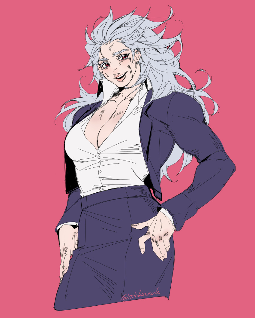 1girl abs breasts dorohedoro earrings formal highres jewelry large_breasts long_hair looking_at_viewer miukumauk muscular muscular_female necktie noi_(dorohedoro) red_eyes simple_background smile solo suit white_hair