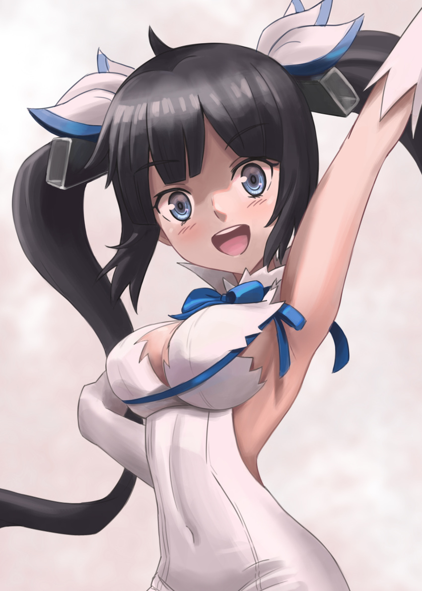 absurdres arm_up armpits backless_dress backless_outfit bangs bare_shoulders bell black_hair blue_bow blue_eyes blue_neckwear blunt_bangs blush bow bowtie breasts cleavage cleavage_cutout clothing_cutout conejologia covered_navel cropped dress dungeon_ni_deai_wo_motomeru_no_wa_machigatteiru_darou_ka elbow_gloves eyebrows_visible_through_hair floating_hair gloves hestia_(danmachi) highres large_breasts long_hair looking_at_viewer open_mouth pencil_dress rei_no_himo sideboob sideless_outfit sidelocks simple_background sleeveless sleeveless_dress slender_waist smile tight tight_dress twintails upper_body upper_teeth very_long_hair white_dress