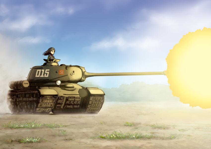 1girl absurdres armored_vehicle blue_eyes breasts caterpillar_tracks cloud commentary_request day emblem expressionless flower forest girls_und_panzer grass ground_vehicle highres is-2 kou_(ssdd) long_hair military military_vehicle motor_vehicle nature nonna_(girls_und_panzer) pravda_(emblem) pravda_military_uniform sky solo tank