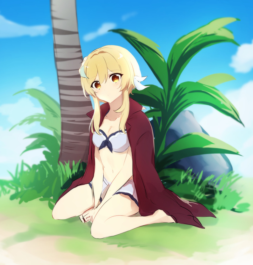 1girl absurdres bangs blonde_hair blue_sky cloud cloudy_sky day feather_hair_ornament feathers flower genshin_impact grass hair_between_eyes hair_flower hair_ornament highres jacket jacket_over_swimsuit kuroha1873 looking_at_viewer lumine_(genshin_impact) outdoors plant seiza short_hair sitting sketch sky solo swimsuit tree yellow_eyes