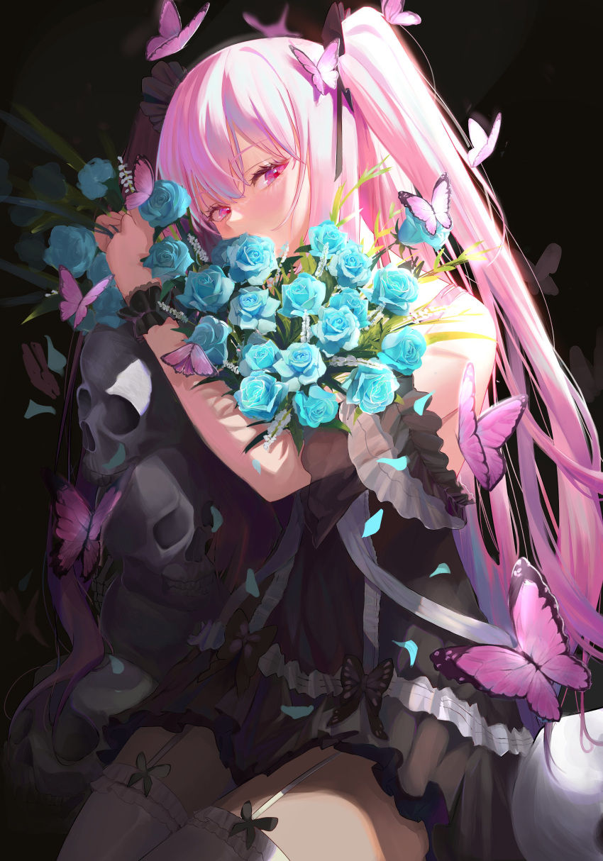 1girl absurdres bangs black_dress blue_flower blue_rose bouquet bug butterfly cherrymaru covered_mouth dress eyebrows flower half-closed_eyes highres holding holding_bouquet hololive insect long_hair off-shoulder_dress off_shoulder pink_butterfly pink_eyes pink_hair rose skull solo thighhighs two_side_up uruha_rushia virtual_youtuber