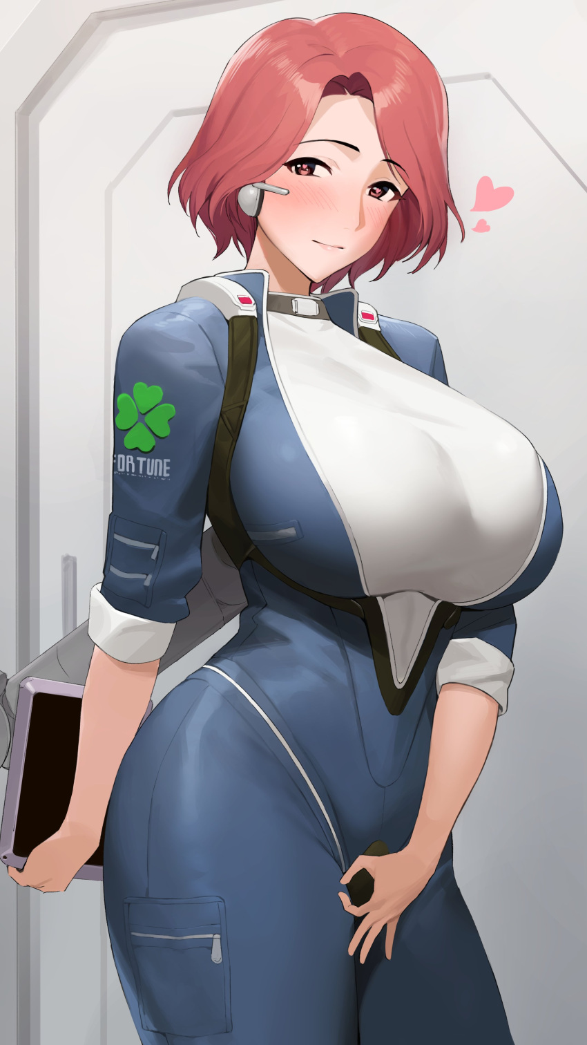 1girl absurdres bangs blush bodysuit breasts closed_mouth clover clover_(flower) clover_print door eyebrows_visible_through_hair flower fortune_(last_origin) four-leaf_clover heart heart-shaped_pupils highres huge_breasts kt_(kusare171) last_origin looking_at_viewer mechanical_arms ok_sign pantyhose parted_bangs pocket red_hair seductive_smile shiny shiny_hair shirt short_hair single_mechanical_arm smile symbol-shaped_pupils tablet_pc tight tight_shirt white_shirt