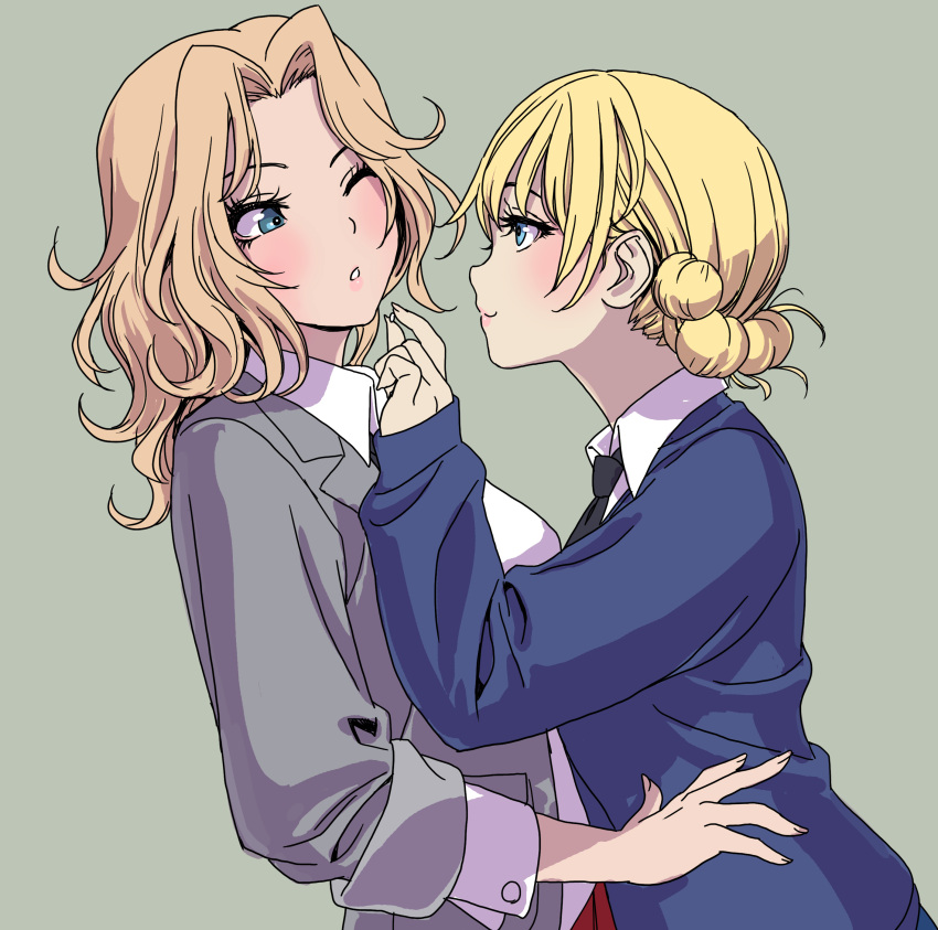 2girls absurdres blonde_hair blue_eyes blush braid cowboy_shot darjeeling_(girls_und_panzer) french_braid girls_und_panzer grey_background highres kay_(girls_und_panzer) multiple_girls necktie one_eye_closed red_skirt rice saunders_school_uniform school_uniform skirt sleeves_rolled_up smile st._gloriana's_school_uniform sweater yamashita_shun'ya