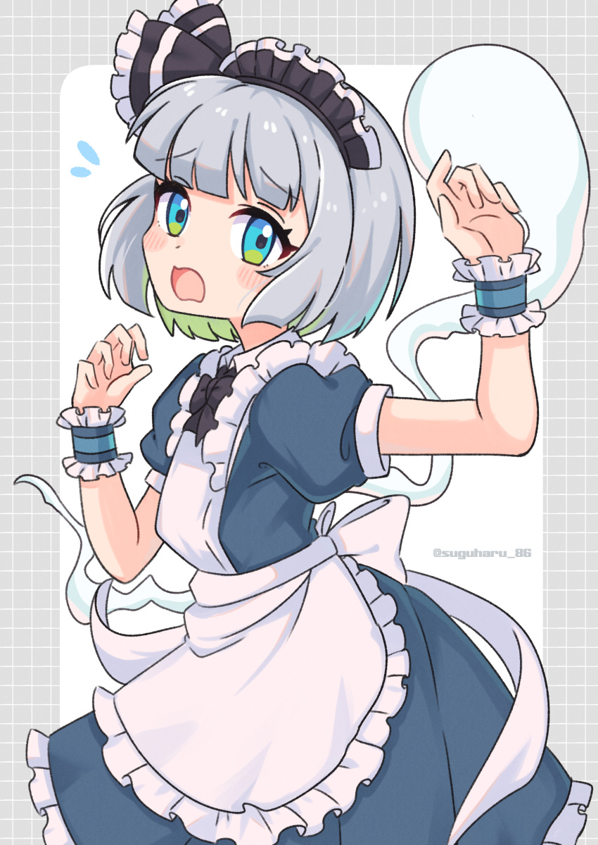 1girl absurdres adapted_costume alternate_costume apron black_neckwear blue_eyes blush bow bowtie commentary_request dress enmaided flying_sweatdrops green_dress grey_hair hands_up highres konpaku_youmu konpaku_youmu_(ghost) maid maid_day maid_headdress open_mouth short_hair short_sleeves solo suguharu86 touhou twitter_username wrist_cuffs