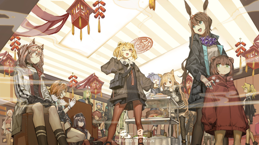 1other 6+girls absurdres amiya_(arknights) angelina_(arknights) animal_ears arknights artist_name ascot bag bare_legs bear_ears belt black_blouse black_choker black_gloves black_headwear black_jacket black_legwear black_shirt blonde_hair blouse blue_hair boots brown_hair brown_jacket cat_ears ceobe_(arknights) ch'en_(arknights) chinese_new_year choker clay_(clayjun) closed_mouth commentary_request croissant_(arknights) doctor_(arknights) dog_ears dragon_horns exusiai_(arknights) eyebrows_visible_through_hair fingerless_gloves food frilled_ascot frills fur-trimmed_jacket fur_trim gloves green_eyes green_hair gummy_(arknights) hairband halo hand_up hands_in_pockets hands_on_lap hat highres hood hood_up hooded_coat horns hoshiguma_(arknights) indoors infection_monitor_(arknights) jacket jessica_(arknights) kal'tsit_(arknights) lantern leaning_forward long_hair looking_at_another midriff misha_(arknights) mostima_(arknights) multiple_girls multiple_rings navel nian_(arknights) official_alternate_costume oni_horns open_clothes open_jacket open_mouth orange_eyes orange_hair pantyhose paper_lantern ponytail purple_neckwear red_eyes red_hair red_hairband red_jacket red_legwear red_tubetop shirt short_hair shorts shoulder_bag shoulder_strap siege_(arknights) single_horn sitting sleeves_past_fingers sleeves_past_wrists sleeves_rolled_up smile smoke socks squatting standing swire_(arknights) texas_(arknights) thigh_boots thighhighs twintails ursus_girl_(arknights) vending_cart waving white_gloves white_hair white_jacket white_shirt white_shorts zima_(arknights) zima_(ready_to_go)_(arknights)